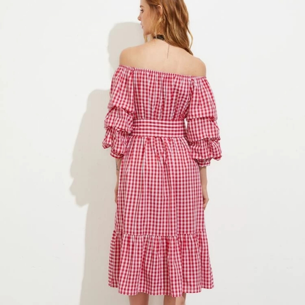 Red Gingham Dramatic Puff Pick Up Sleeves Ruffle Bottom Off Shoulder Dress S - Picture 14 of 15
